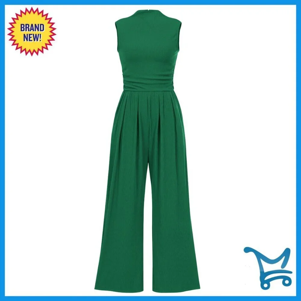 Sleeveless Mock Neck Wide Leg Jumpsuit Elegant Chic Casual Summer Romper